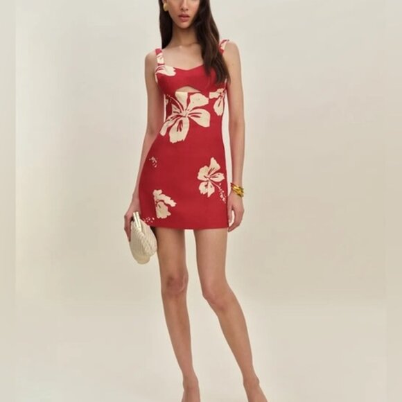 NEW Reformation Belma Linen Mini Dress Paradise Lost Red Floral | US 2 UK 4 - Picture 4 of 12